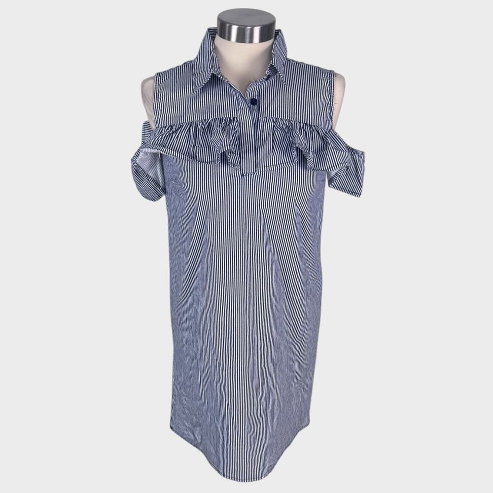 Audrey Lane Large Shirt Dress Cold Shoulder Striped Stretch Blue White